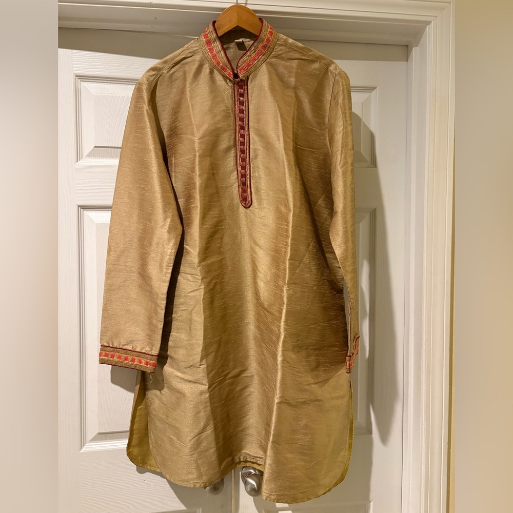 Men's Gold Kurta with Red Embroidered Trim